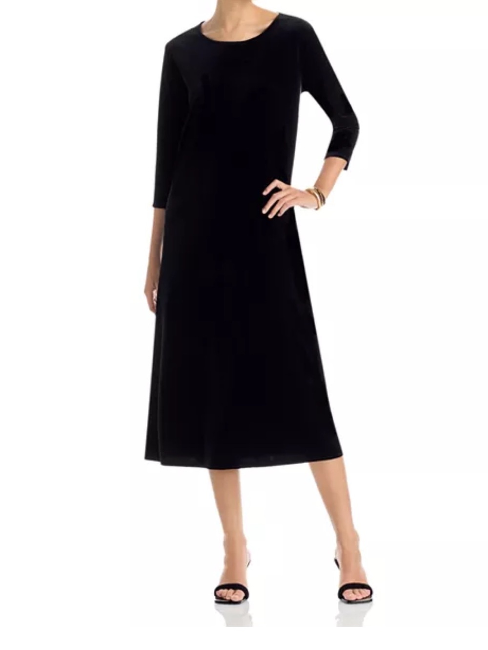 Black Velvet Midi Dress with 3/4 Sleeves - Minimalist Women's Dress